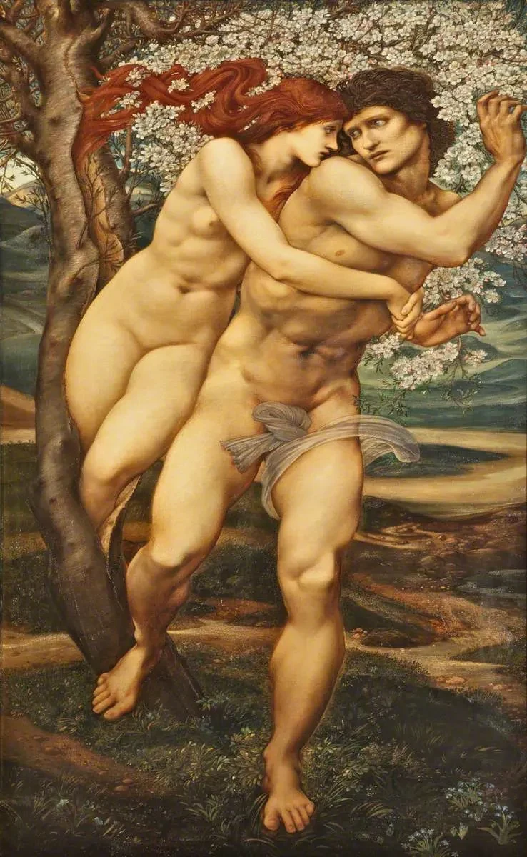 Painting of Phyllis breaking out of the trunk of a flowering almond tree to seize Demophon, who twists away from her