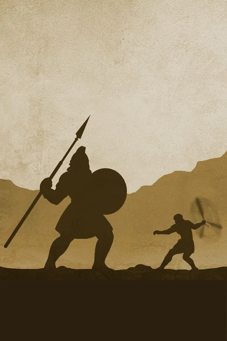 Silhouette illustration of David facing Goliath