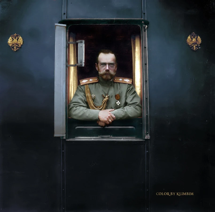 Tsar Nicholas II photographed in the doorway of the imperial train